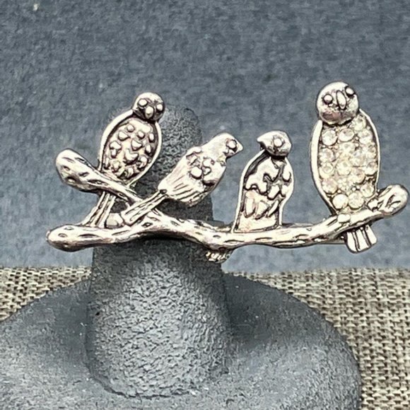 Perched Birds Double Ring Branch Silver Rhinestone Retro BoHo Soft Girl Cottage - Picture 1 of 10